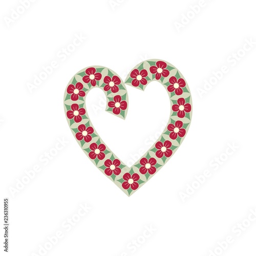 Decoration heart with flower on white background. Symbol linked, love, passion and wedding. Colorful template for t shirt, apparel, card, poster, valentine day. Design element. Vector illustration.