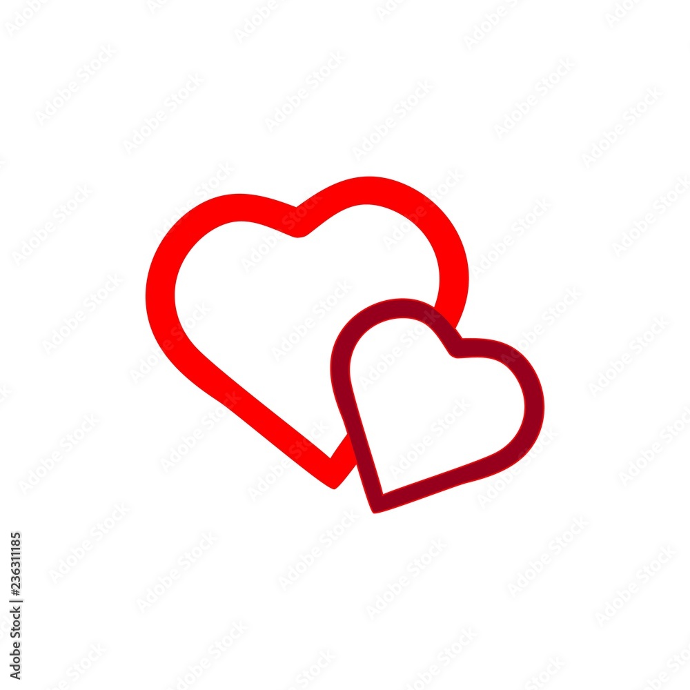 Two red heart on white background sign. Symbol linked, join, love, passion and wedding. Template for t shirt, apparel, card, poster, valentine day. Design element. Vector illustration. Two red heart on white background sign. Symbol linked, join, love, passion and wedding. Template for t shirt, apparel, card, poster, valentine day. Design element. Vector illustration.
