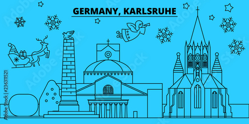 Germany, Karlsruhe winter holidays skyline. Merry Christmas, Happy New Year decorated banner with Santa Claus.Flat, outline vector.Germany, Karlsruhe linear christmas city illustration