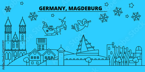 Germany, Magdeburg winter holidays skyline. Merry Christmas, Happy New Year decorated banner with Santa Claus.Flat, outline vector.Germany, Magdeburg linear christmas city illustration
