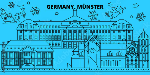 Germany, Munster winter holidays skyline. Merry Christmas, Happy New Year decorated banner with Santa Claus.Flat, outline vector.Germany, Munster linear christmas, city illustration photo