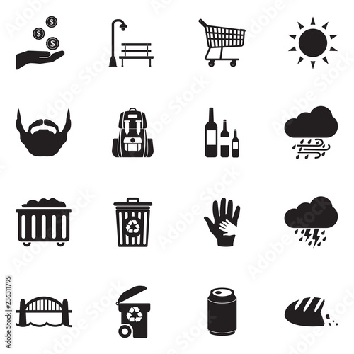 Homeless Icons. Black Flat Design. Vector Illustration.