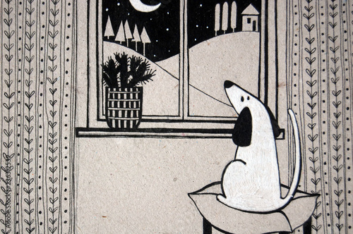 dog looking out the window, black and white illustration