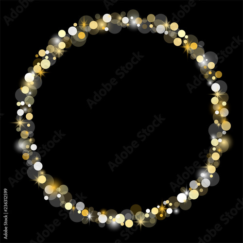 The glowing round frame with white and gold circles, flashes on a black background. Vector.
