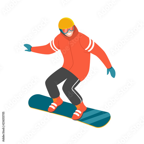 Snowboarder. Vector illustration of a man in red winter jacket, sliding on the snowboard. Isolated on white.