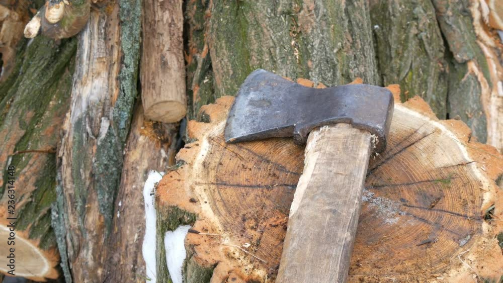 Ax lying on tree stump on a background of sawn trunks. Firewood for the winter. Ax lying on tree stump on a background of sawn trunks. Firewood for the winter.