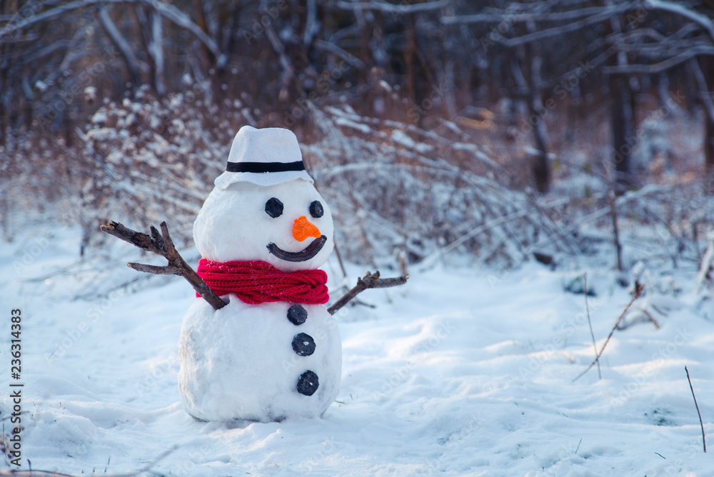 Fototapeta premium snowman on orange sunset background christmas santa