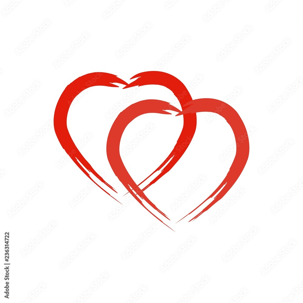 Two red heart on white background sign. Symbol linked, join, love, passion and wedding. Template for t shirt, apparel, card, poster, valentine day. Design element. Vector illustration. Two red heart on white background sign. Symbol linked, join, love, passion and wedding. Template for t shirt, apparel, card, poster, valentine day. Design element. Vector illustration.