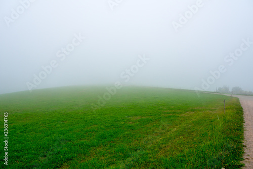 Green meadow landscape enfolded in misty rain cloud in autumn