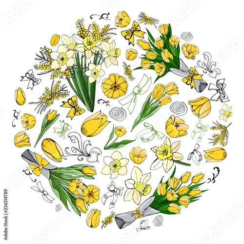 Сircle  made of  different yellow and green floral elements. Template for greeting card and invitation. Hand drawn sketch on white background.