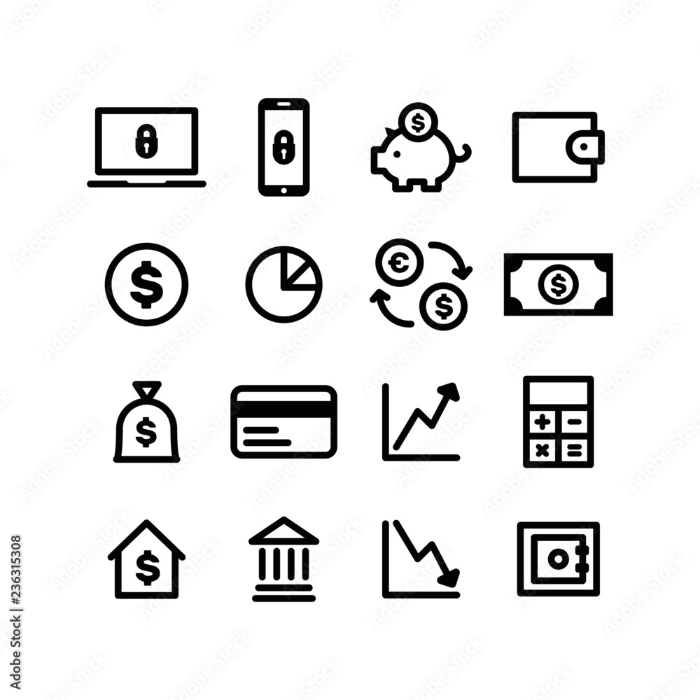 Finance and money icon set, linear vector symbols. Finance and money icon set, linear vector symbols.