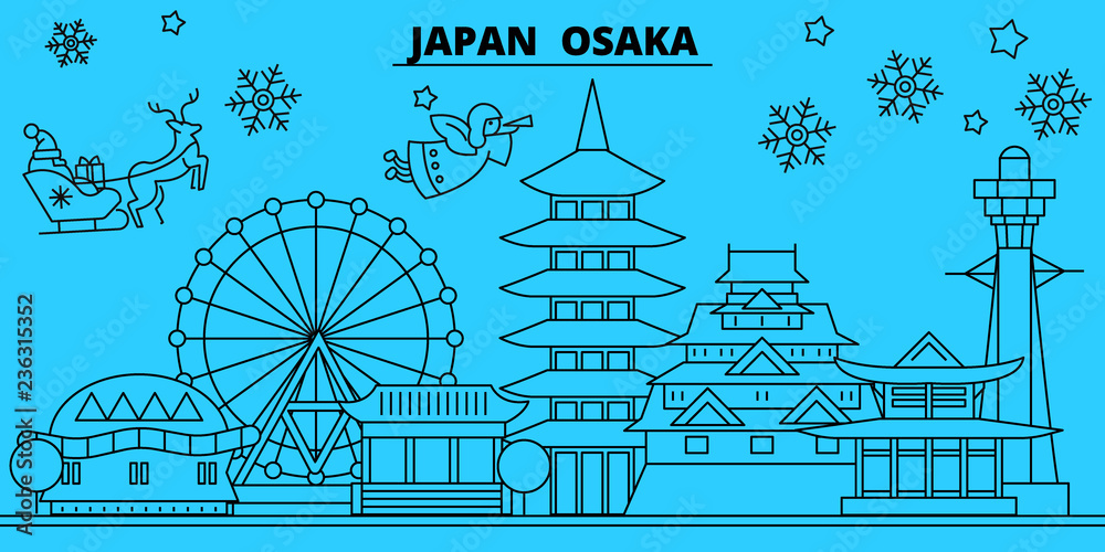 Obraz premium Japonia, panoramę ferii zimowych w Osace. Wesołych Świąt, szczęśliwego nowego roku zdobione transparent z Santa Claus. Płaskie, wektor zarys. Ilustracja liniowa boże narodzenie miasto japonia, Osaka