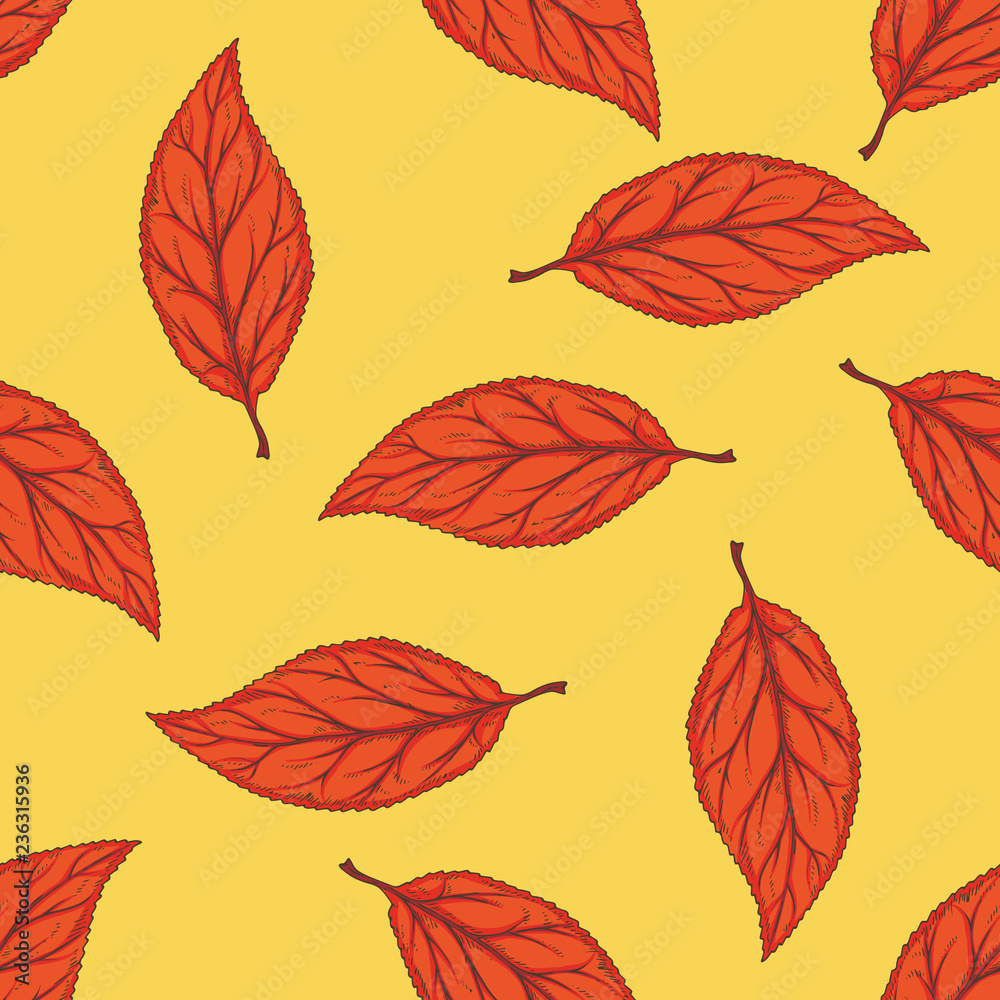 Seamless Pattern with Red Dried Beech Leaf