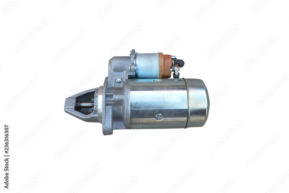 Starter for a car with solenoid isolated on white background Starter for a car with solenoid isolated on white background