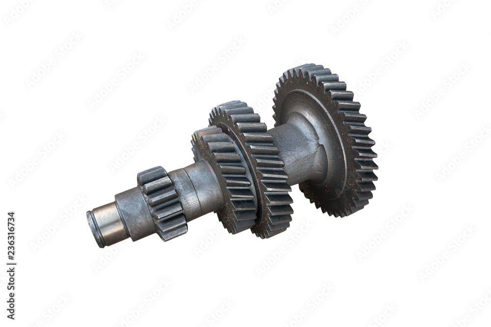 Shaft with the gear and bearing isolated on white background, automotive parts Shaft with the gear and bearing isolated on white background, automotive parts