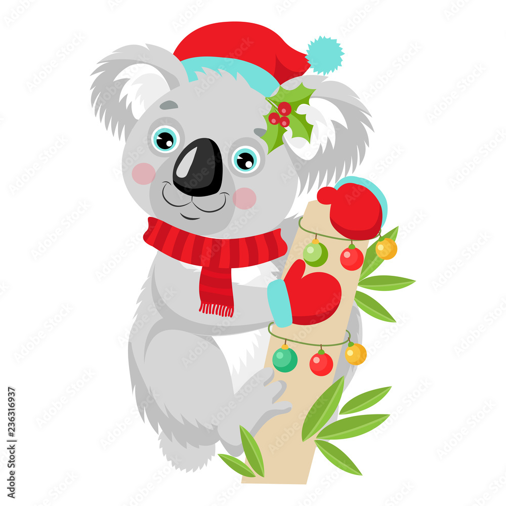 Naklejka premium Śmieszne Koala Boże Narodzenie wektor. Cute Animal Cartoon Character Wakacje Wektor Ilustracja Na Białym Tle. Koala W Santa Kapelusz Siedzi Na Drzewie Eukaliptusowym.