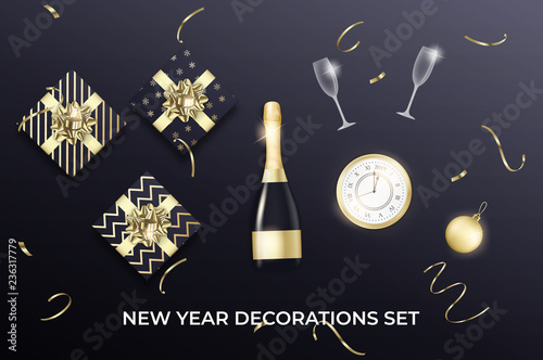 New Year decorations. Set of champagne bottle, glass, gifts with gold bows, clock, and gold confetti.