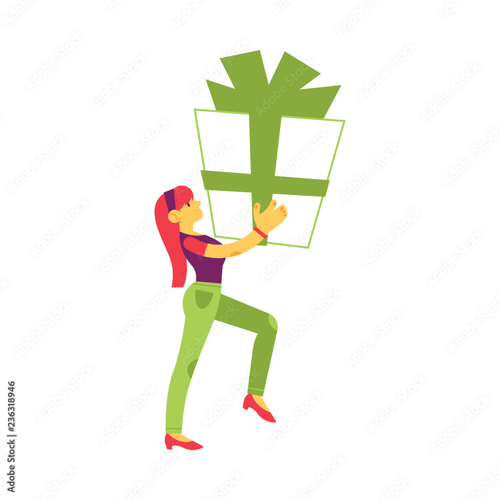 Vector illustration of young smiling girl carrying big wrapped gift box in flat style isolated on white background - female cartoon character giving or receiving decorated festive present. Vector illustration of young smiling girl carrying big wrapped gift box in flat style isolated on white background - female cartoon character giving or receiving decorated festive present.