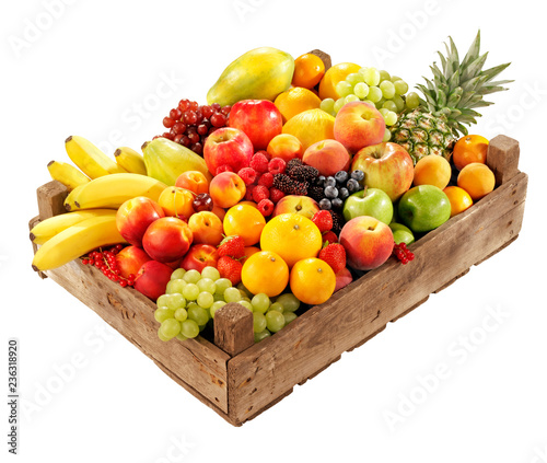 WOODEN BOX FILLED WITH ASSORTED FRESH FRUIT