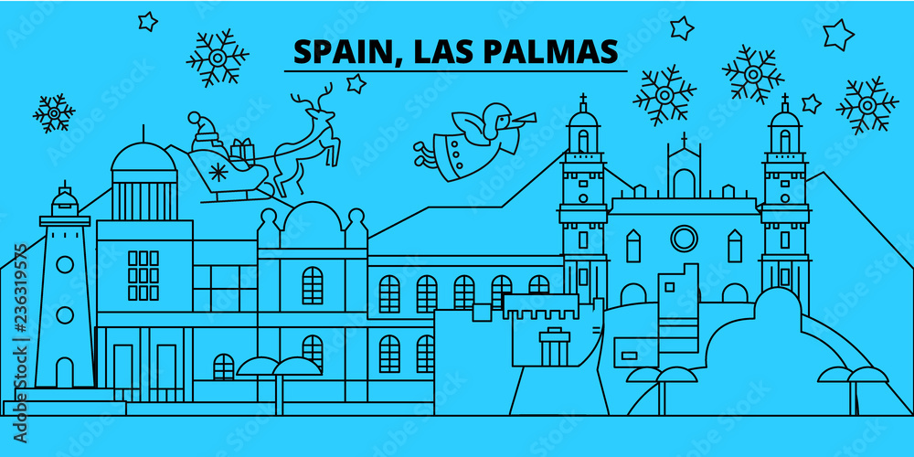 løn slag Tilhører Spain, Las Palmas winter holidays skyline. Merry Christmas, Happy New Year  decorated banner with Santa Claus.Flat, outline vector.Spain, Las Palmas  linear christmas city illustration Stock Vector | Adobe Stock