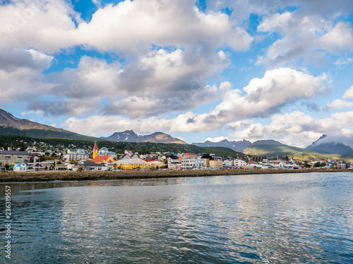 View from Beagle Channel of waterfront skyline of Ushuaia in Tierra del Fuego, Patagonia, Argentina