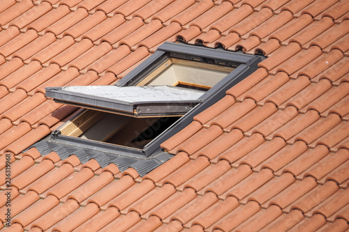 Roof with vasistas or velux windows close up