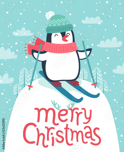 Cute penguin skiing down the hill. Merry Christmas card.