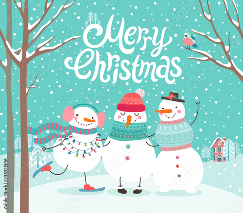 Cute snowmen hugging. Merry Christmas card,