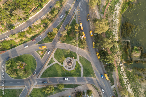 aerial view of traffic circle and roads