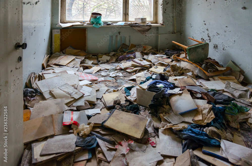 Medical documentation on floor in hospital No. 126, dead abandoned ghost town Pripyat in Chernobyl alienation zone, Ukraine Medical documentation on floor in hospital No. 126, dead abandoned ghost town Pripyat in Chernobyl alienation zone, Ukraine