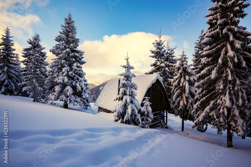 Old wood cabin, covered with snow