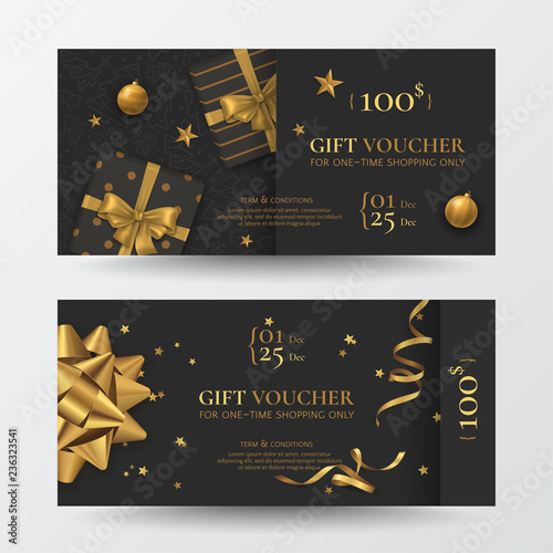 Vector set of luxury Christmas gift vouchers with realistic golden bows, boxes, toys, gold ribbons, stars and confetti. Festive dark background for design of gift card, coupon and holiday certificate