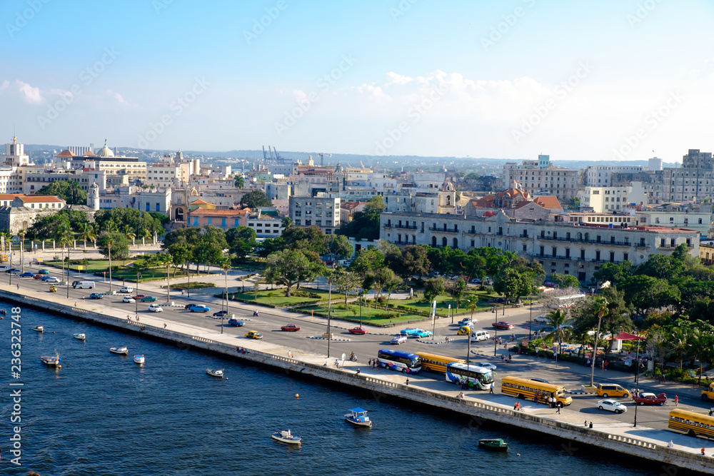 High angle view of Port in Havana Cuba. Street and buildings.