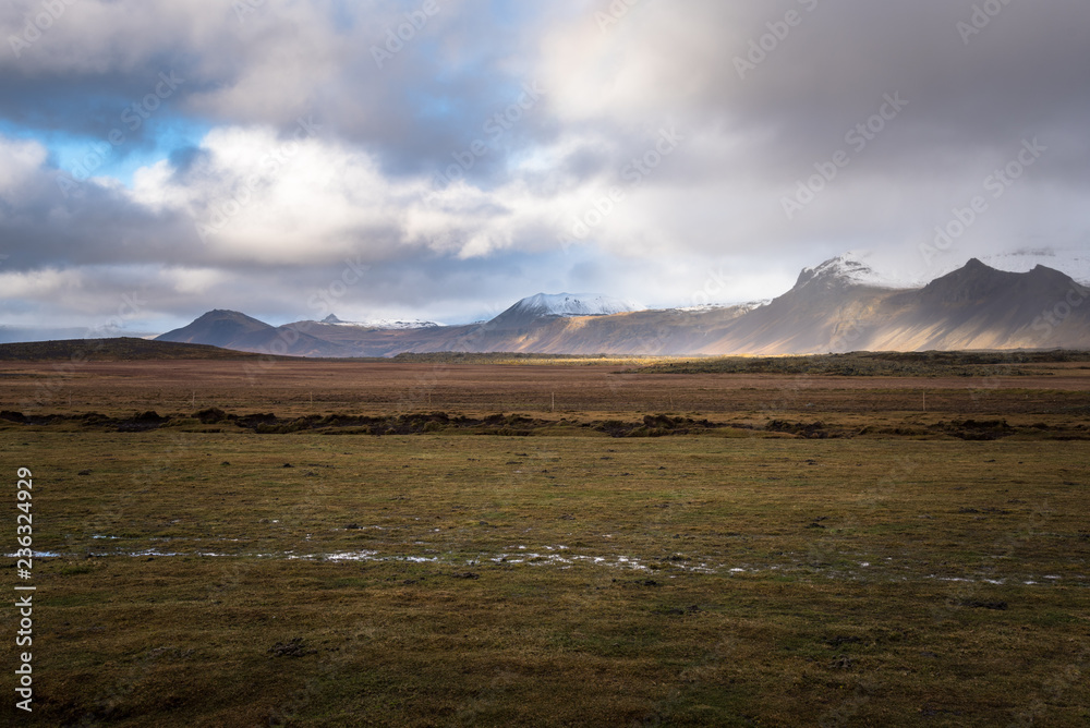 Pasture with a Lava Field and Snow-Capped Mountains in Background in Iceland on a Cloudy Autumn Morning
