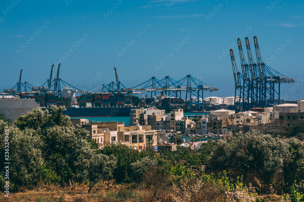 Fototapeta premium Cranes in the port, Malta Freeport, Birzebbuga