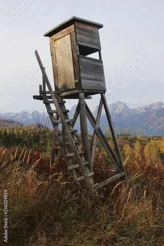 Deer stand in the alps, in Upper Austria. In the background the Totes Gebirge mountain range. Austria, Europe. photo