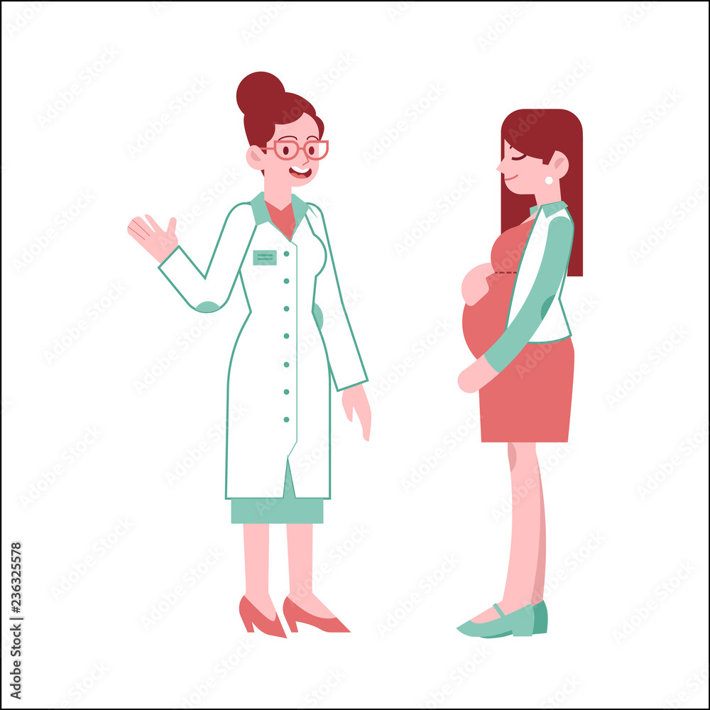 Pregnant woman at checkup with doctor in flat vector illustration. Isolated young future mother with big tummy standing at doctors office and consulting with medical specialist. Pregnant woman at checkup with doctor in flat vector illustration. Isolated young future mother with big tummy standing at doctors office and consulting with medical specialist.