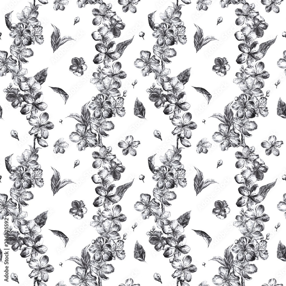 Hand drawn charcoal pencil illustration flowers of the pulm blossoms and chaotically arranged leaves, petals and buds in vintage style on a white background Hand drawn charcoal pencil illustration flowers of the pulm blossoms and chaotically arranged leaves, petals and buds in vintage style on a white background
