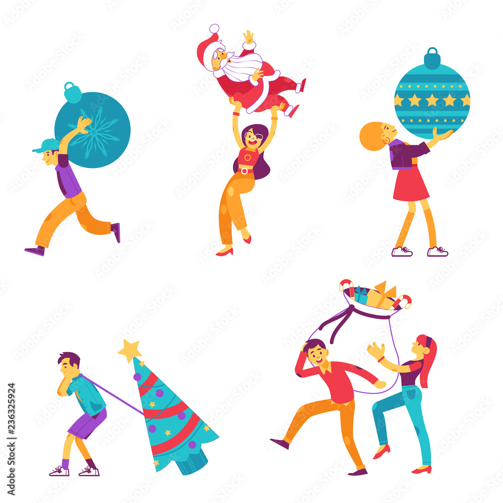 Vector funny characters holding christmas, new year symbols set. Men running with spruce tree, carry santa claus, women with huge surprise present boxes bag christmas tree toy. Holiday people isolated