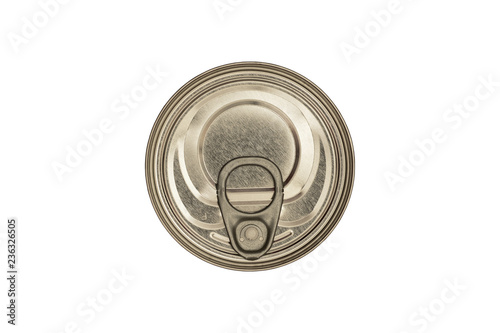 Tin can, top view, close-up macro, isolated on white background