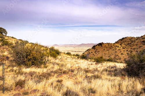 Dry, arid wilderness landscape covered in small shrubs, with a dirt road running in the foreground and a mountain range in the background at sunrise, South Africa photo