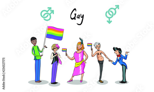 lgbtq community happy hugging young people covered with an lgbt rainbow flag flat editable