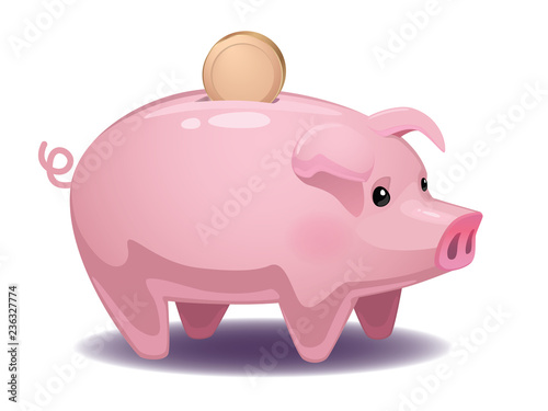 Cute pink piggy bank with gold coin on white background isolated