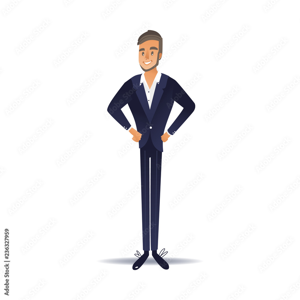 Vector illustration of confident businessman in dark blue suit isolated on white background - front view of successful business person standing with both hands on hips in flat gradient style.