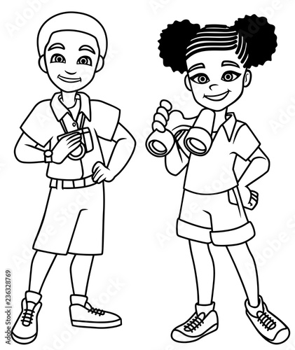 Cartoon line art illustration of 2 happy young explorers ready for their next adventure and isolated on white background. 