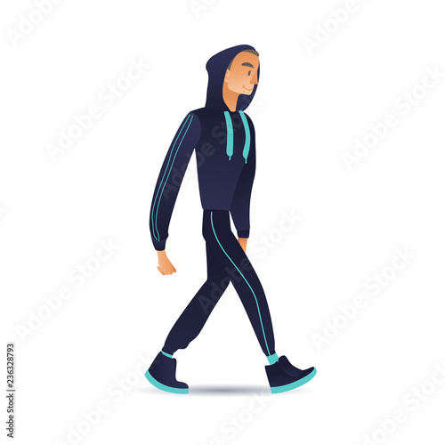 Vector cartoon young man in sport suit with hooded sweatshot walking with smile at face. Male character with active healthy lifestyle walking after training, workout. Isolated illustration photo