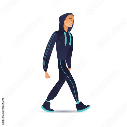 Vector cartoon young man in sport suit with hooded sweatshot walking with smile at face. Male character with active healthy lifestyle walking after training, workout. Isolated illustration
