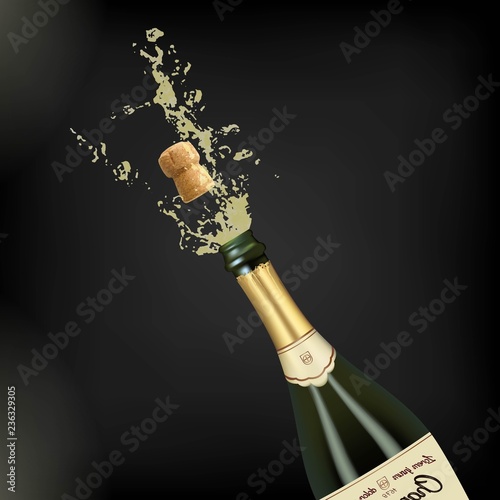 Vector illustration of opened bottle of champagne or sparkling wine with a cork and splash in photorealistic style. A realistic object on a black background. 3D Realism.