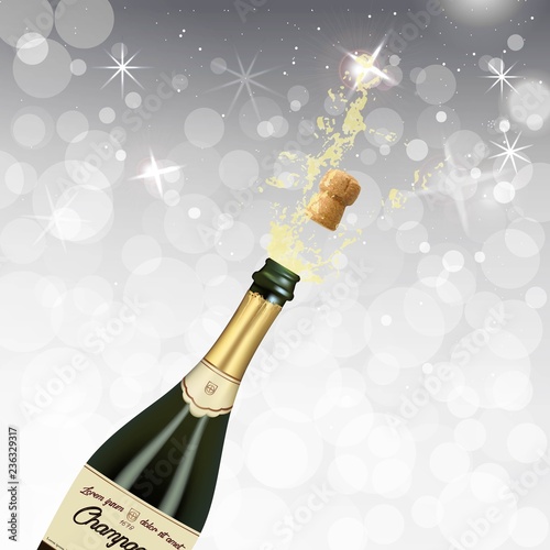 Vector illustration of opened bottle of champagne or sparkling wine with a cork and splash in photorealistic style. A realistic object on a shine white background. 3D Realism.