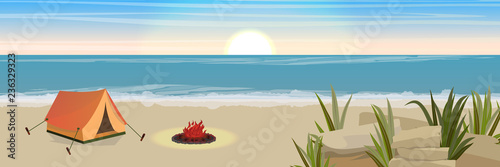 Tourist tent and fire. Sandy coastline with rocks and thickets of grass. Seascape. Vector landscape